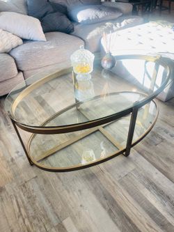 Oval Glass Coffee Table with Gold Frame