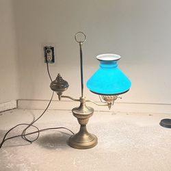 Antique Brass Student Lamp with Green Cased Glass Shade