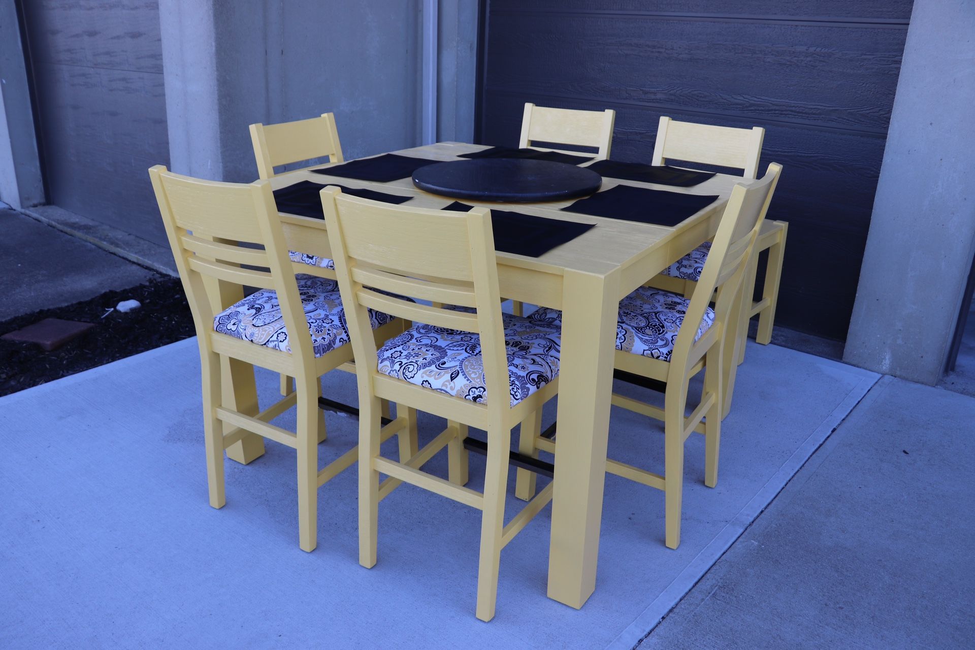 Refurbished 6 Chair Yellow Black 54” Square Dining Hightop 36” Table Set W/ Removable Lazy Susan Leaf Bonus Side Bench/Buffet Table Seat 9 Pieces