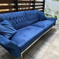Modern Blue Velvet Couch – Excellent Condition