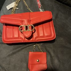 Red purse w/chain strap & matching coin purse