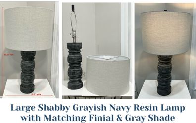 Large Shabby Grayish Navy Resin Lamp with Matching Finial & Gray Shade