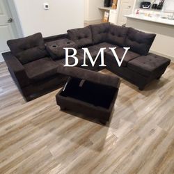 New Sectional with Storage Ottoman - AVAILABLE IN BLACK, GREY, AND CHOCOLATE BROWN
