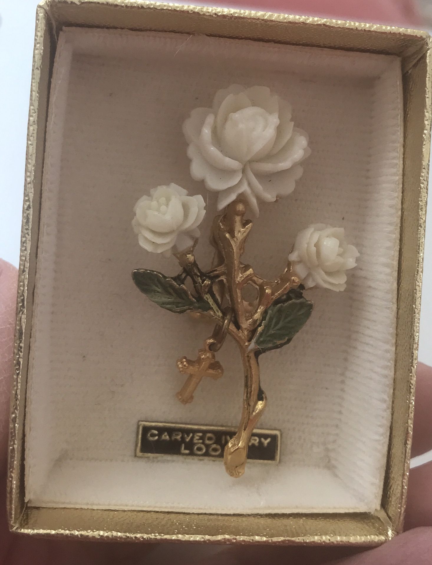 Vintage Carved Rose Cross Charm Gold Tone Brooch