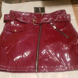 Belted Faux Patent Leather Skirt