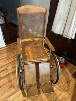 Antique Oak And Rattan Wheelchair