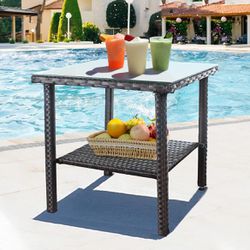 Outdoor PE Wicker Side Table, Square Patio Table with Glass Top Gray Furniture