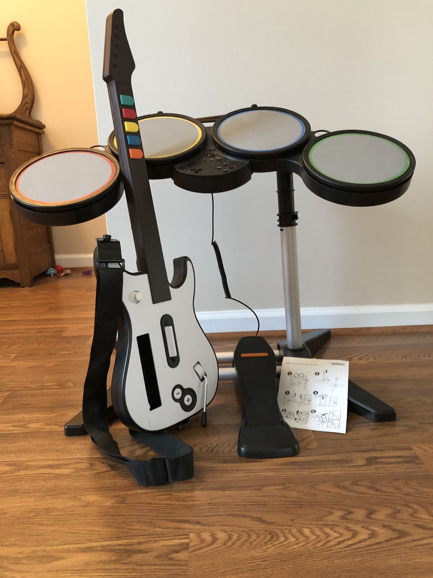 Wii drum set, guitar, and stool