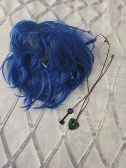 Coraline Costume - Women Girls Blue Hair Wig, Key Necklace, Gemstone Neck set