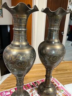 Pair of 24” vintage Indian Brass Floor Vases - Hand Etched