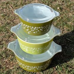 Vintage Pyrex Spring Blossom Green Crazy Daisy Set (473/474/475) No Chips