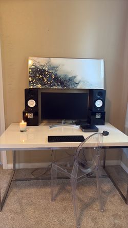 Sleek, pretty  white and chrome big desk also filing cabinet