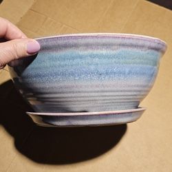 Ceramic Bowl  With Beautiful Lavender & Blue Glaze On Outside 9.5" Wide