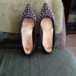 Size 10 Wide Width Brand new dress Shoes never worn Black With Gold and Beautiful rime stones