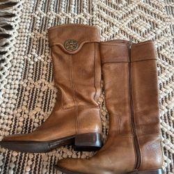 Tory Burch Women's Selma Tall Leather Riding Boots Cognac Brown Size 9