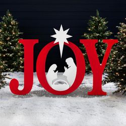 46in Outdoor Joy Christmas Nativity Decoration, 3 Piece Yard Decor Sign Holy Weather Resistant PVC Silhouette for Garden - Red/White