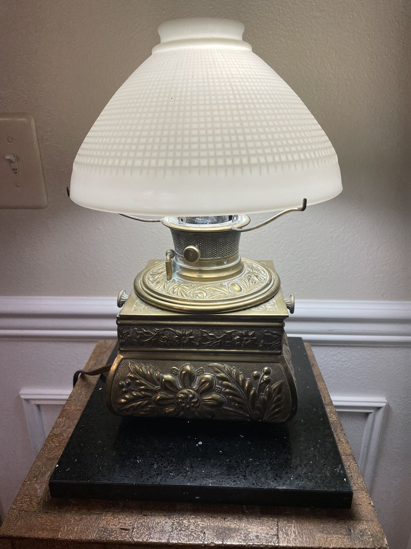 Antique Brass Oil Lamp Converted to Electric Lamp with Milk Glass Shade