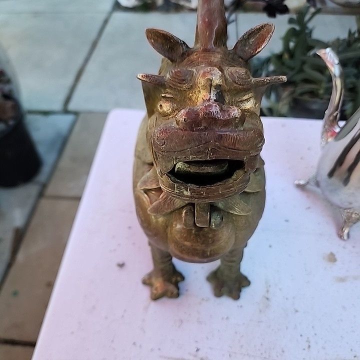 Antique Rare Brass Chinese Foo Dog Figurine Incense Burner circa late 19th Centu