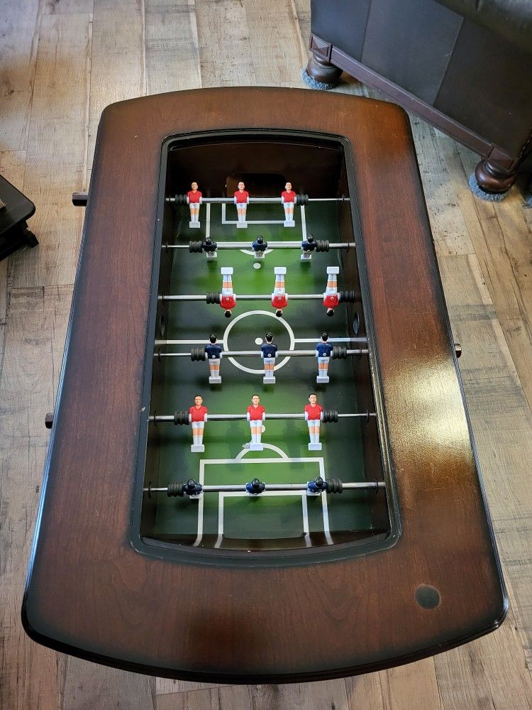 Unique Dark Wood Foosball Game Coffee Table with Glass Top - Man Cave/Living Room
