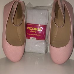Girl’ Flats Ballet Rose Shoes With Ankles Straps Sz: 2  / Hosiery Girls White Heavyweight Tights Sz: 14-16