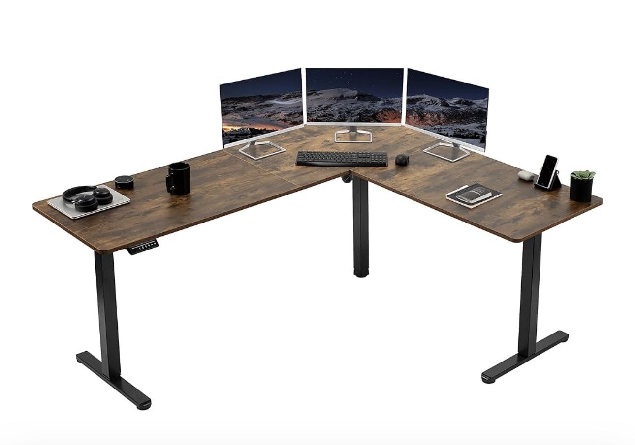 VIVO Electric Corner L-Shaped 75 x 63 in Rustic Standing Desk, Memory Height Adjustment, Vintage Brown Top Black Frame, Retails $399