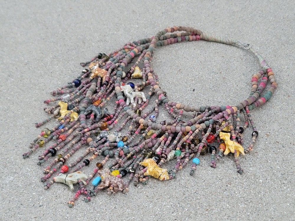 Vtg African Wooden Carved Animals Beaded Multi-strand Necklace