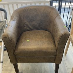 Modern Barrel Accent Chair in distressed brown faux leather 