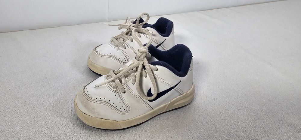 TODDLER BOYS CHILD'S NIKE WHITE SNEAKERS NAVY BLUE SWOOSH LACES BABY 5C