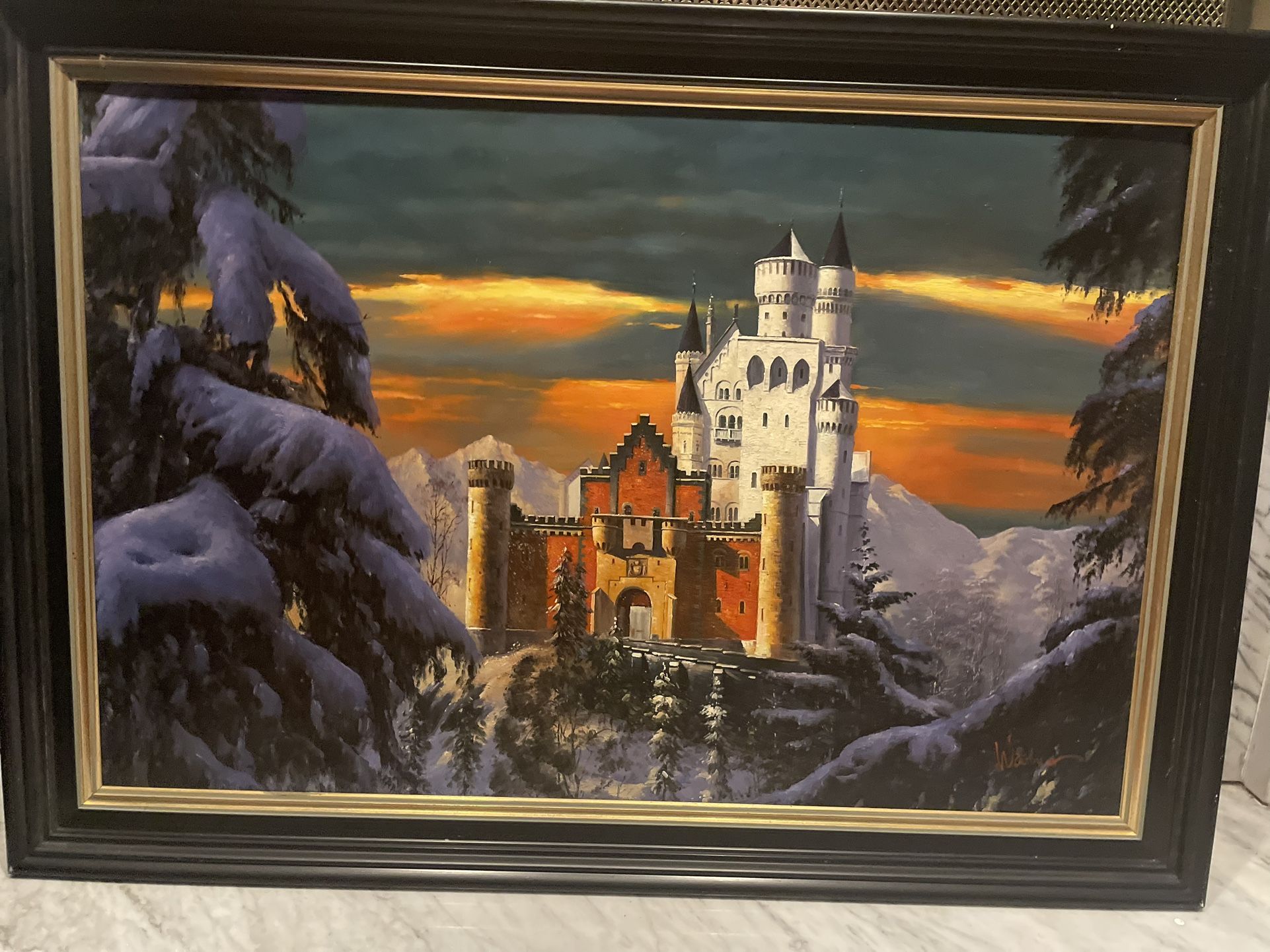 Captivating Neuschwanstein Castle - Original Oil Painting, Winter Sunset - Framed (Signed “Wanner”)