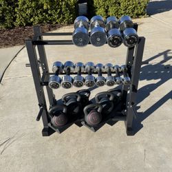 Dumbbell Weights With 3 Tier Dumbbell Rack And Kettlebells