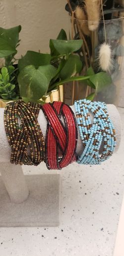 Braided Cuff Wrap Bracelet Seed Beads Multistrand Retro, Boho. 7.25"-7.75". 