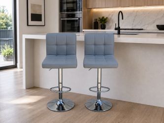 $50 for both! Two Grey Vinyl Chrome Base Swivel Bar Stool Chairs! Great condition. Some wear on top
