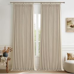 Pleated Drapes Beige Pinch Pleated Blackout Linen Double Layer Bedroom Curtains 92 Inches Long 2 Panels Set, Memory Trained Soundproof Room Darkening 