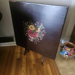 1940s Vintage Card Table Leather Floral Hand Painted