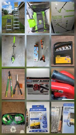 8 Foot and Step Ladder Electric Mower with Bag Electric Edger and Weed Eater Wrench Set Branch and Bush Shears Car Straps Battery Float Charger Load T