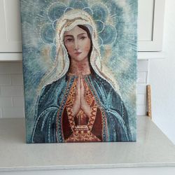 Beautiful Canvas Picture Of The Virgin Mary With Rhinestones