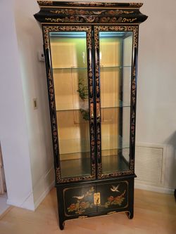 Asian Black Lacquer Curio Cabinet