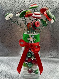 Handmade Christmas Button Bouquet Glass Spice Jar Vase Holiday Beaded Decor