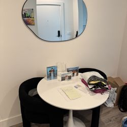 Modern Round White Table + 2 Black Chairs – Great Deal!