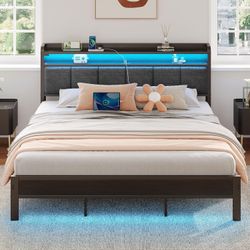 Rolanstar Bed Frame King Size with Charging Station and LED Lights, Upholstered Headboard with Storage Shelves, Heavy Duty Metal Slats, No Box Spring 