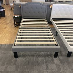 Grey Linen Twin Platform Bed Frame 
