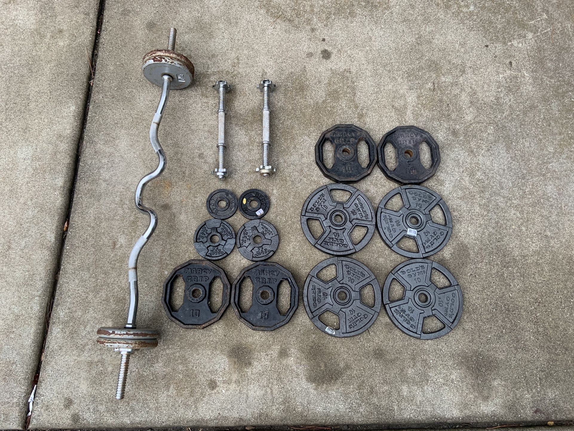 Set Of Standard Plates With Curl Bar And Dumbbells 