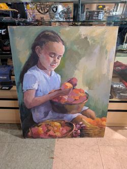 Vintage Original Oil Painting Girl With Fruit Signed Bea Grantham