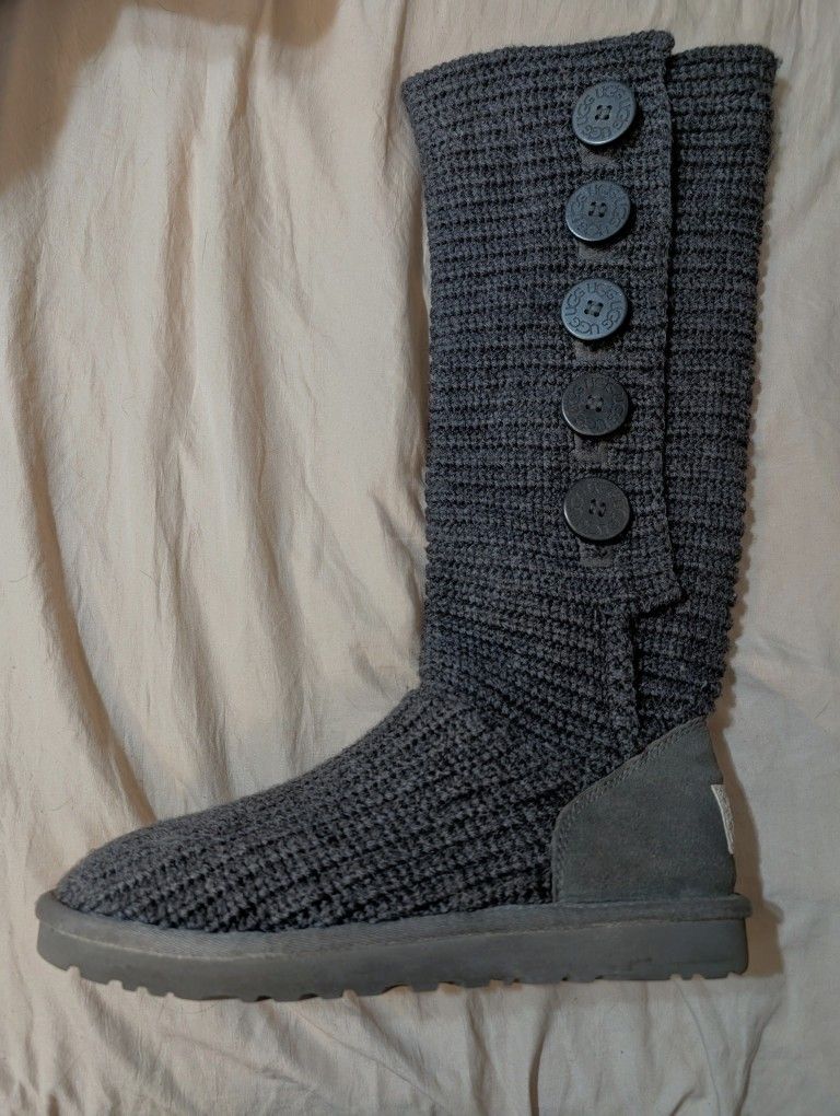 UGG Cardy Dark Gray Knit Button Up Sweater Boots