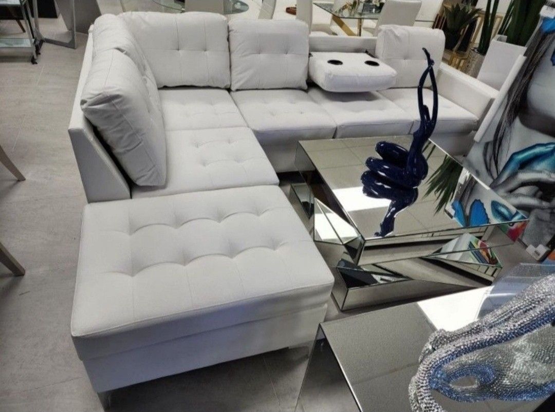 White Leather Sectional New Storage Sofa Cup Holders 