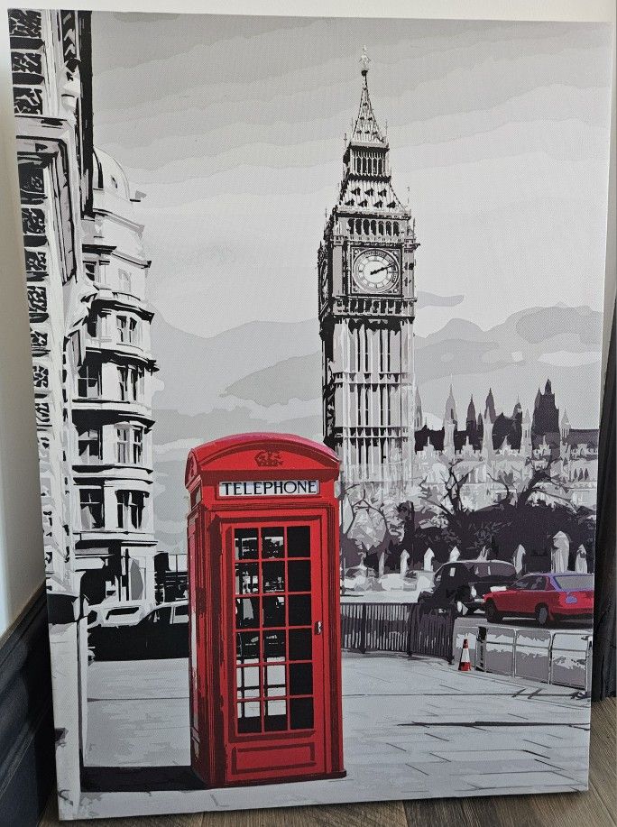 London Red Phone Booth Canvas/Wall Art w a Stunning Clock Tower View 27.5"Hx20"W