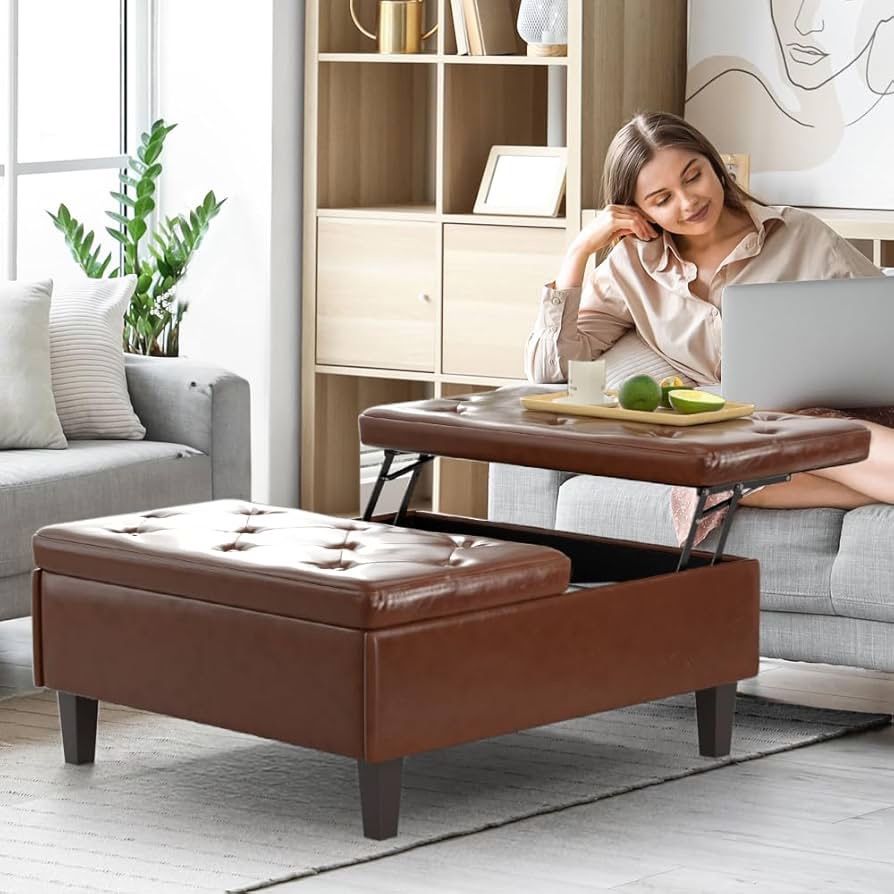 Large Square Storage Ottoman with Lift Top Tufted Upholstered