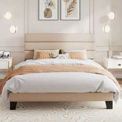 Queen Size Bed Frame, Platform Bed Frame with Fabric Upholstered Headboard, Beige