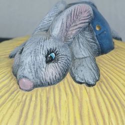 Vtg Hand Painted Ceramic Easter Bunny Rabbit Covered Dish Country Home Decor