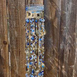 Celestial Blue Glass & Gold Wind Chime Vintage Bowl Bird Bath Feeder Chandelier